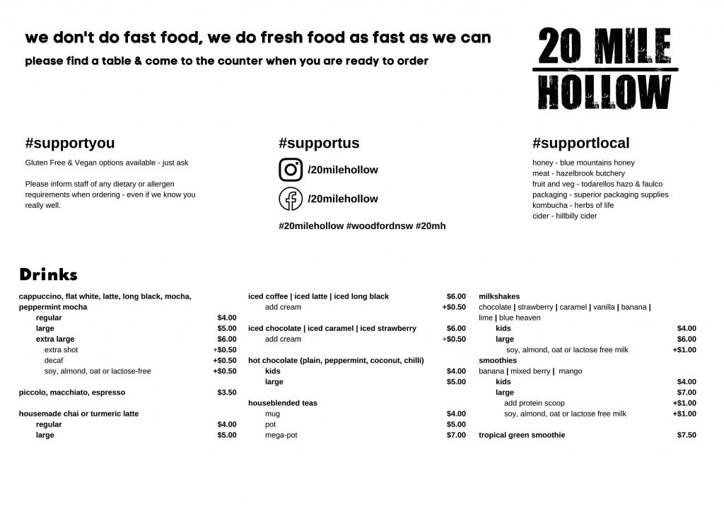 20 mile hollow page one of menu